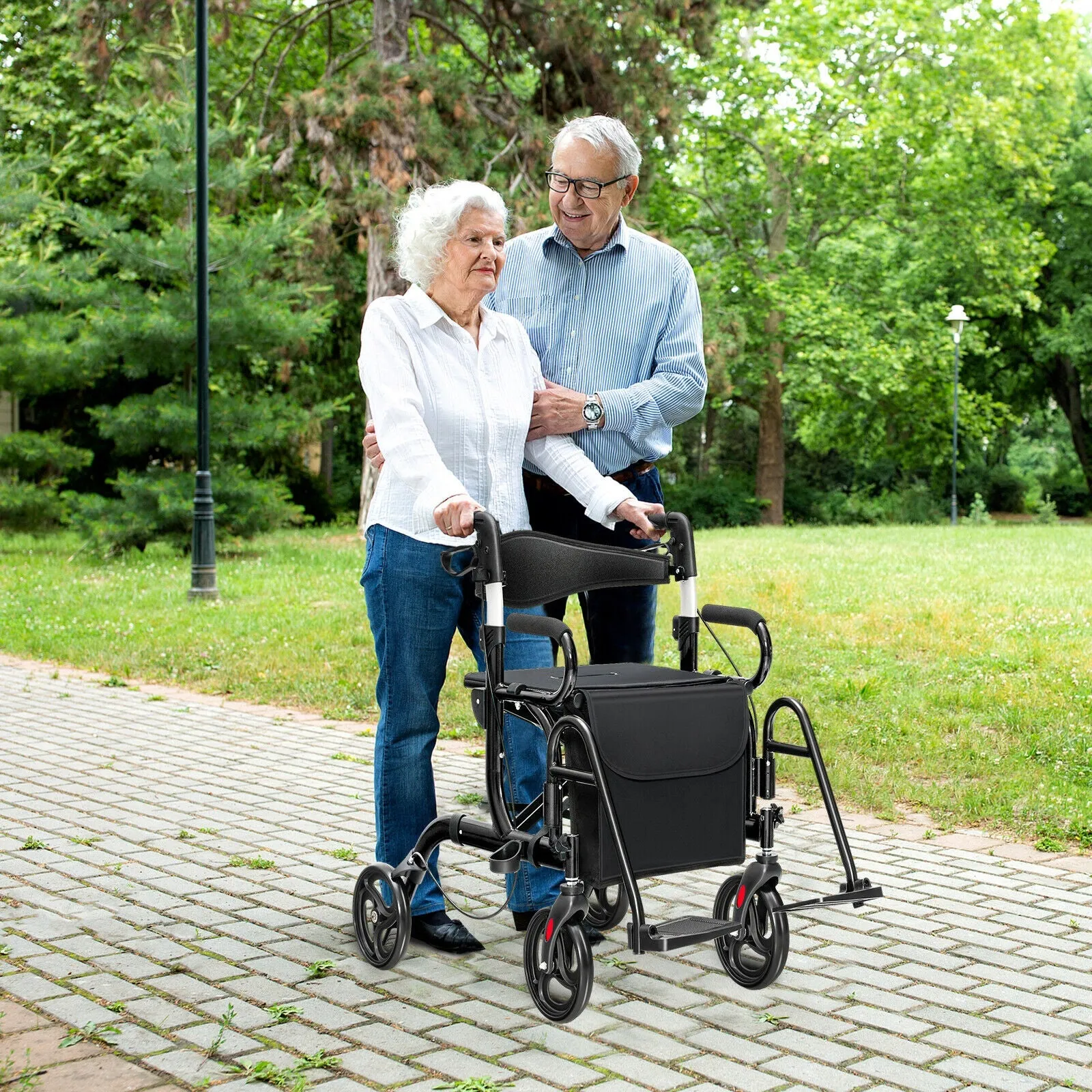 2-in-1 Folding Ergonomic Rollator with Storage Bag-Black