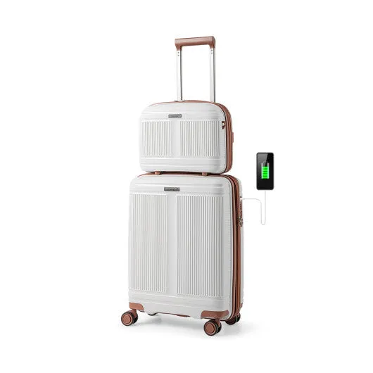 2-Piece Luggage Set 20 Inch Carry-on Suitcase and 14 Inch Cosmetic Case-White