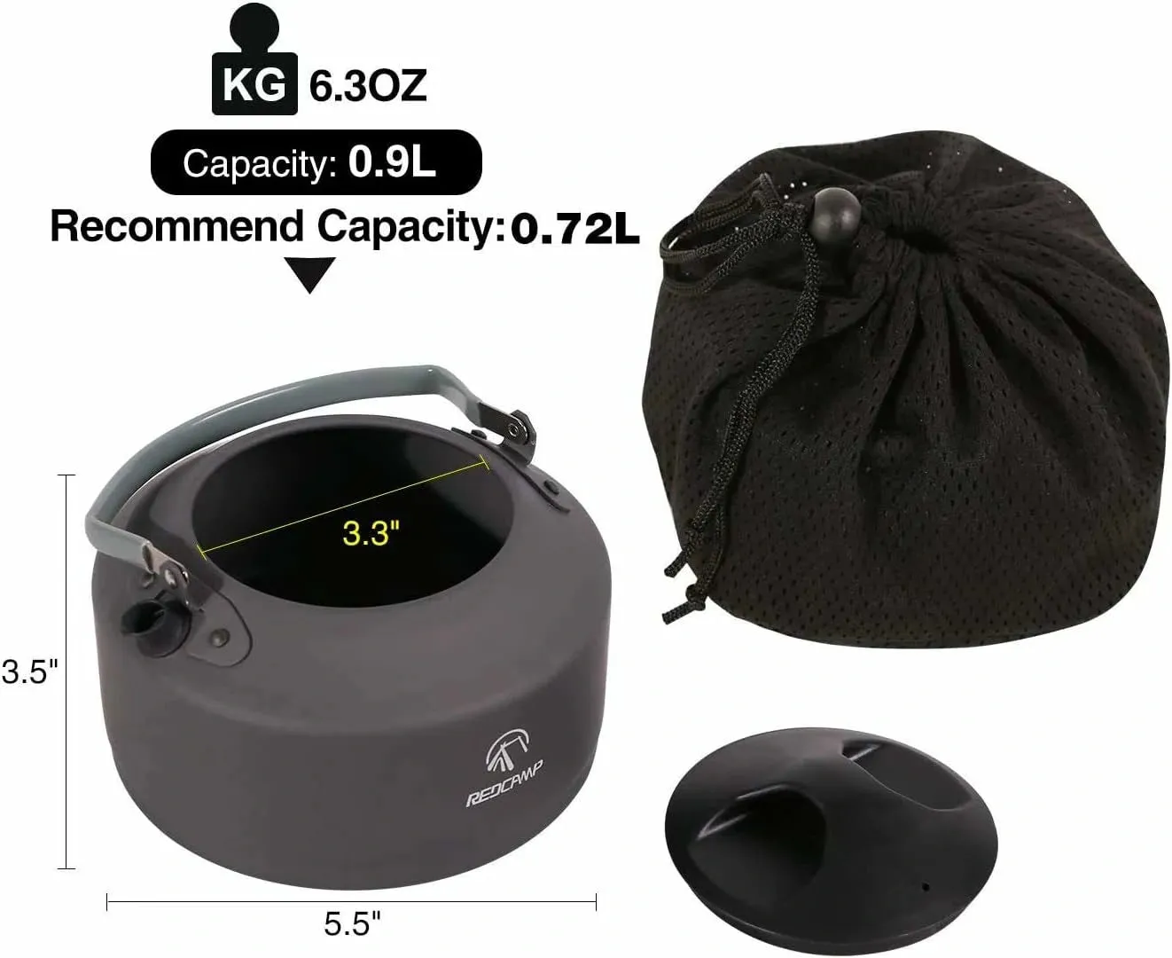 Aluminum Outdoor Camping Kettle with Carrying Bag, 0.8L/0.9L/1.4L/2L