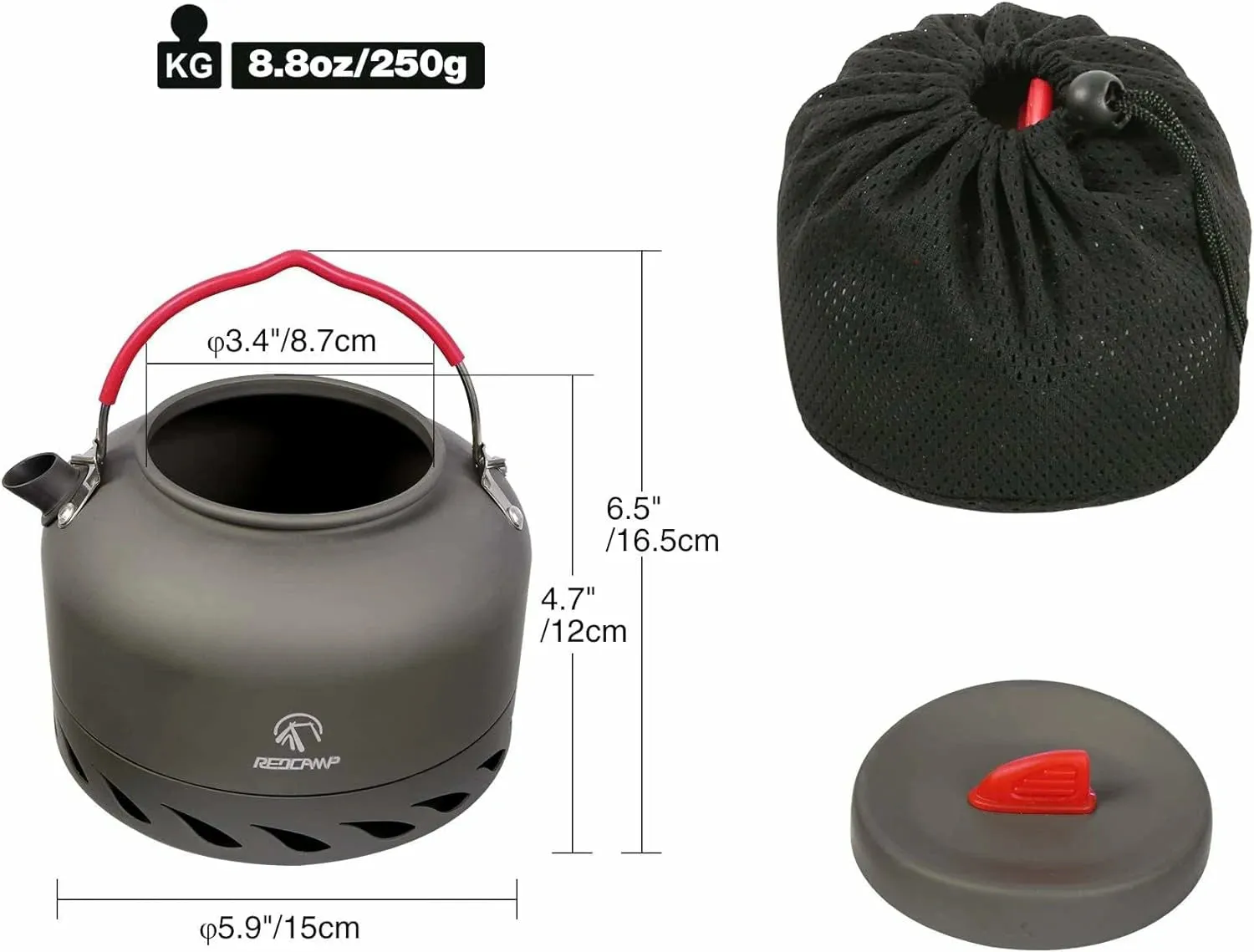 Aluminum Outdoor Camping Kettle with Carrying Bag, 0.8L/0.9L/1.4L/2L