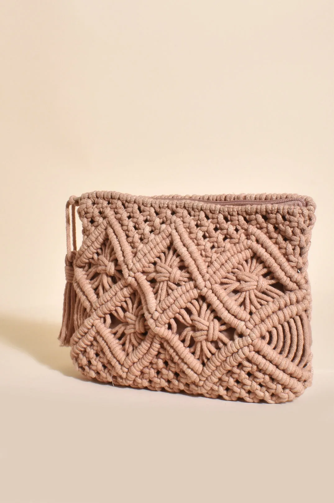 Bag - Trend Alert! Macrame Tassel Zip Closure Clutch in Green or Mocha