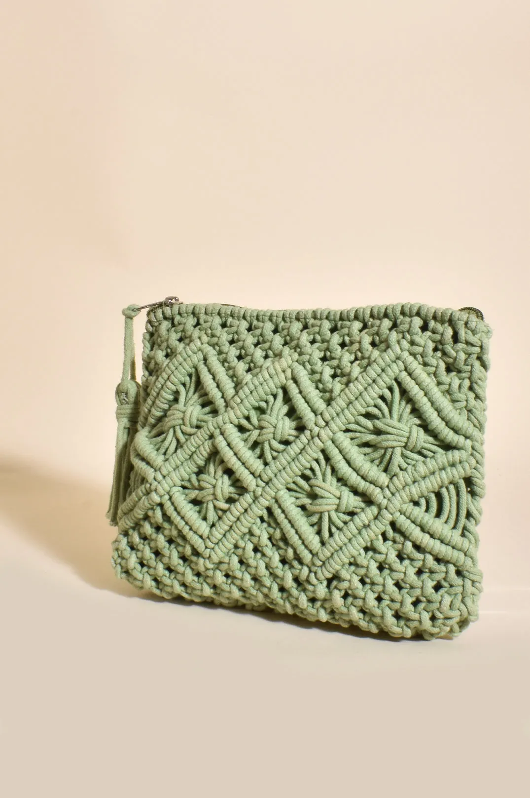 Bag - Trend Alert! Macrame Tassel Zip Closure Clutch in Green or Mocha