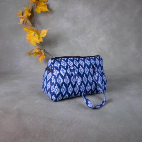 Barrel Handbags Blue with White Prints.