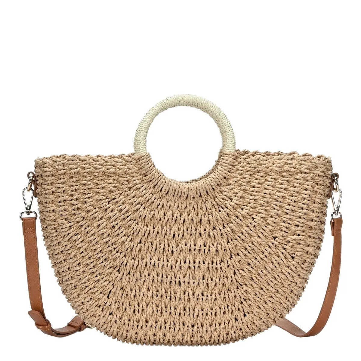 BGT85210 Half Moon Circle Handled Straw Handbag w/ Crossbody Strap