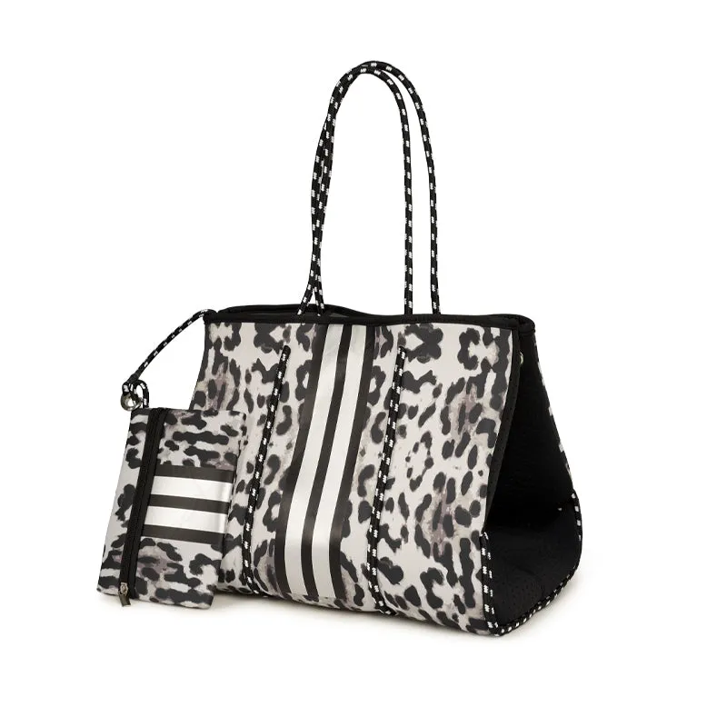 BLACK & WHITE LEOPARD NEOPRENE TOTE WITH DETACHABLE WRISTLET POUCH