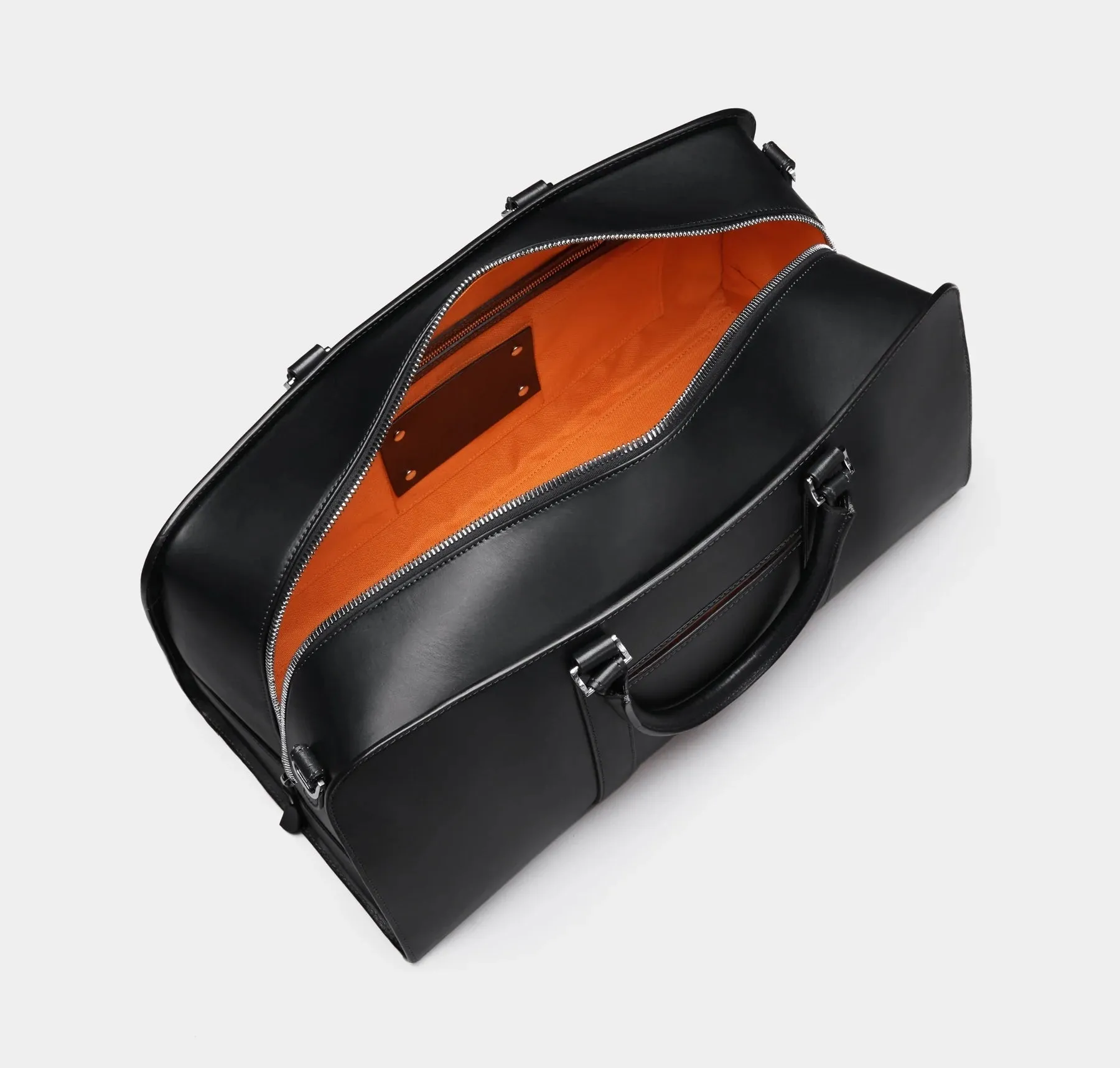 Black Designer Leather Luggage Bag w/ Orange Lining - Anaé