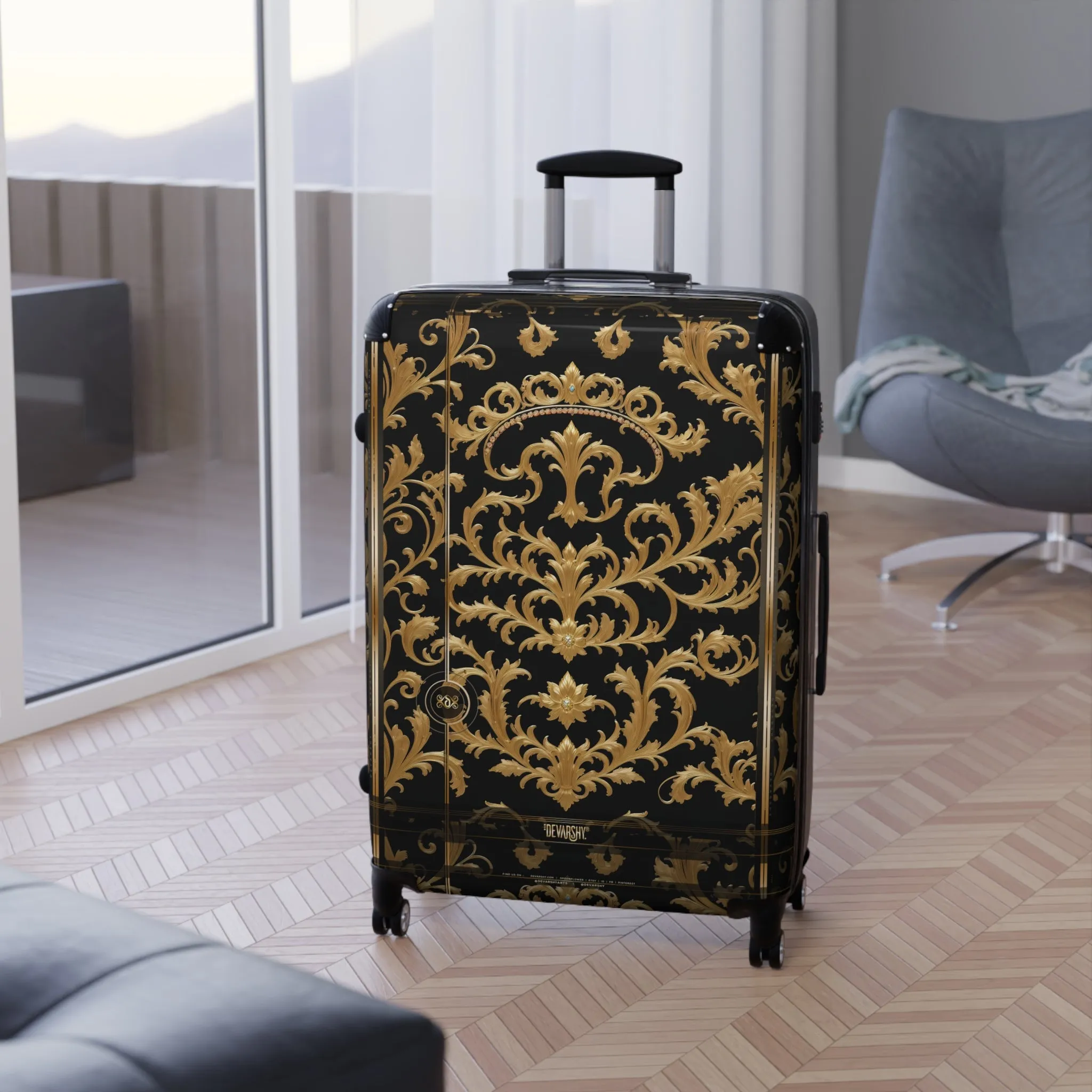 Black Gold Suitcase Carry-on Suitcase Luxury Travel Luggage Baroque Hard Shell Suitcase | 00019