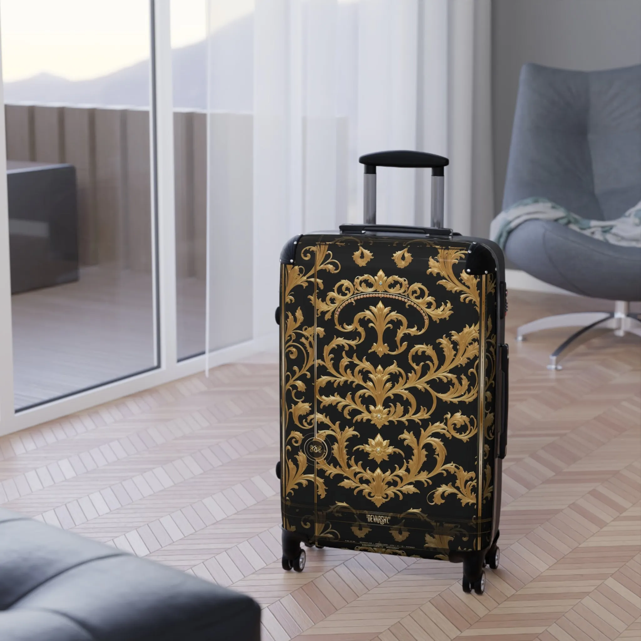 Black Gold Suitcase Carry-on Suitcase Luxury Travel Luggage Baroque Hard Shell Suitcase | 00019