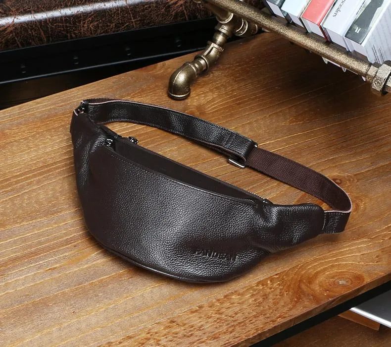 Black Leather Mens FANNY PACK MENS WAIST BAG Black HIP PACK BELT BAG FOR MEN