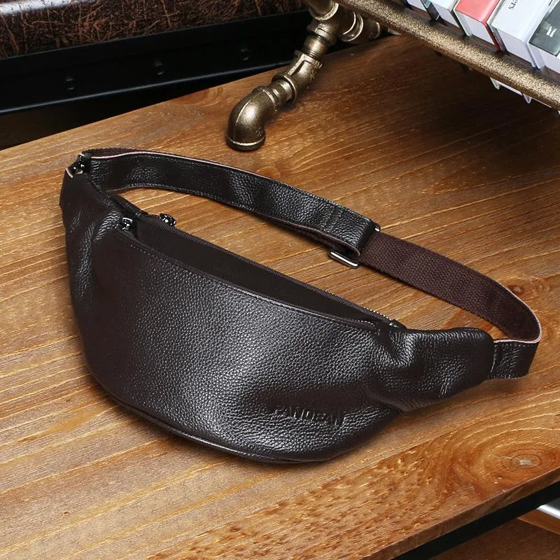 Black Leather Mens FANNY PACK MENS WAIST BAG Black HIP PACK BELT BAG FOR MEN