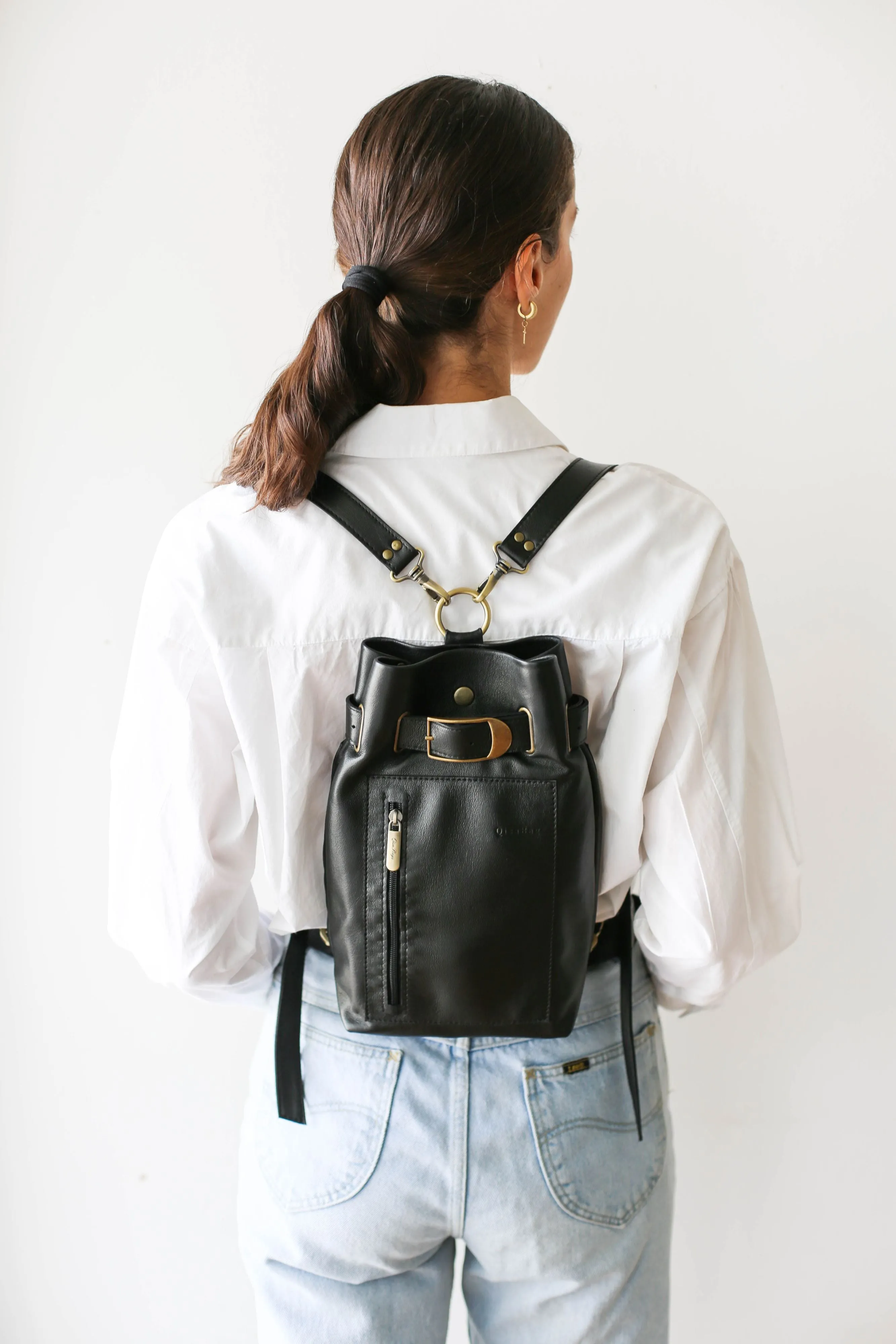 Black Leather Sling Backpack