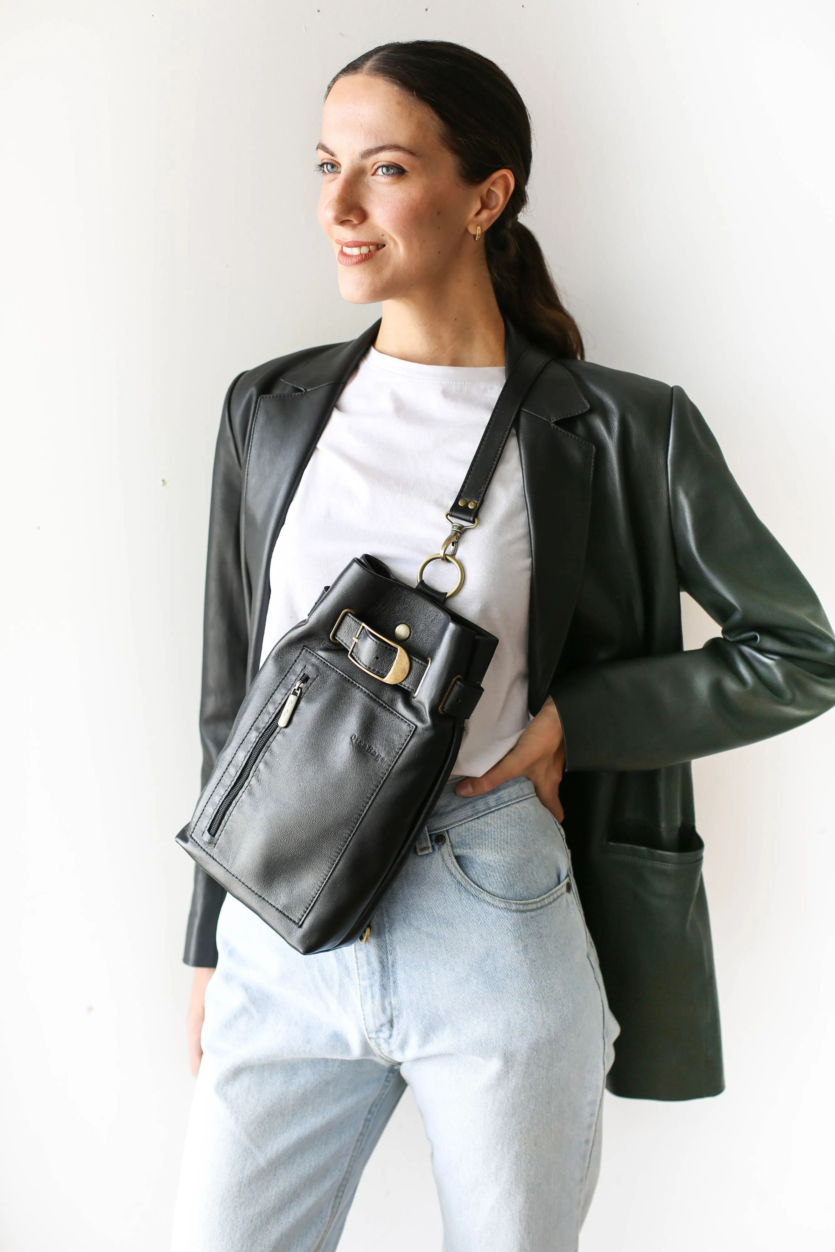 Black Leather Sling Backpack