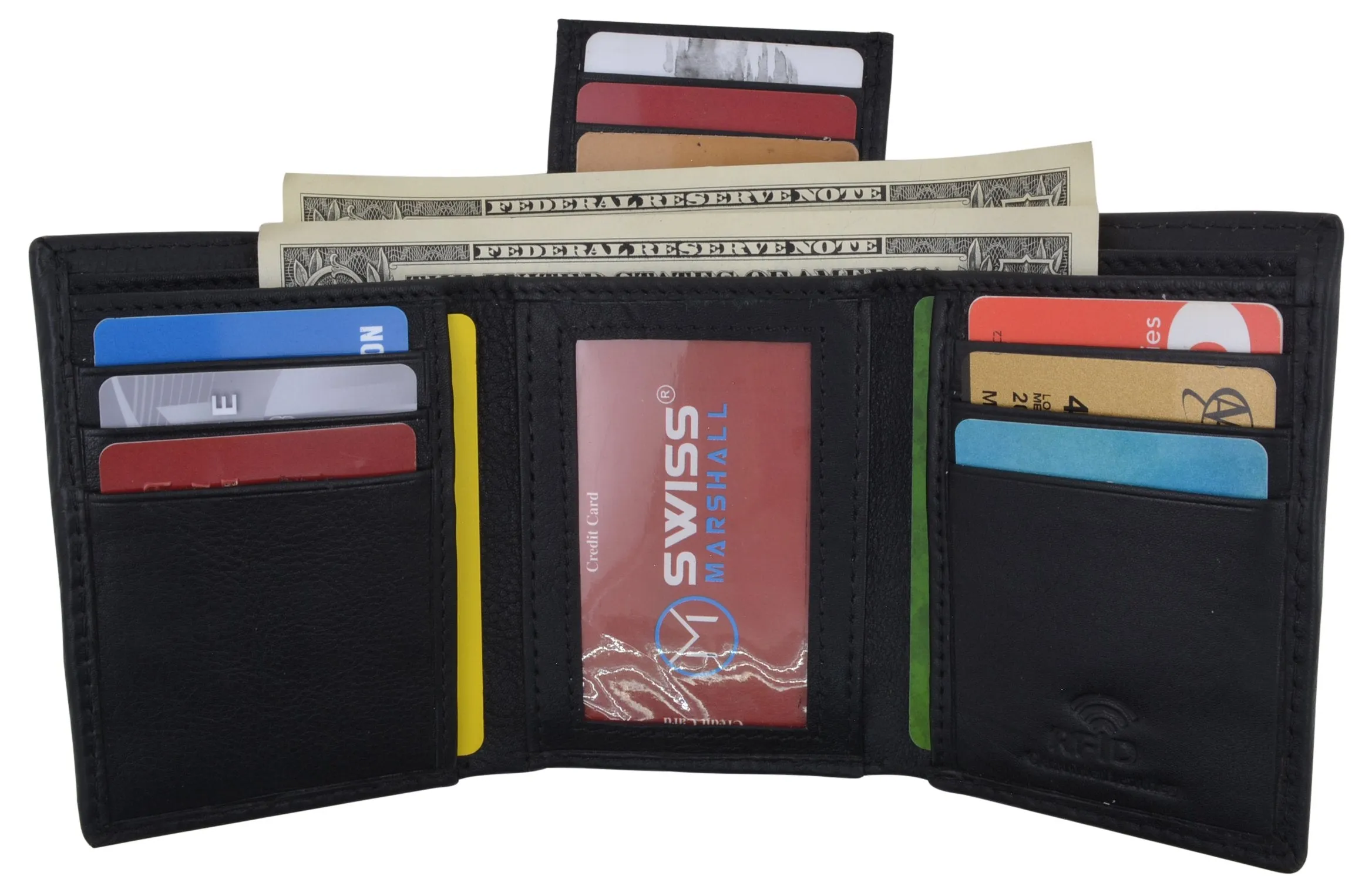 Black Mens Leather RFID Trifold Card ID Wallet W/ Removable Card Holder & Gift Box RFID521955