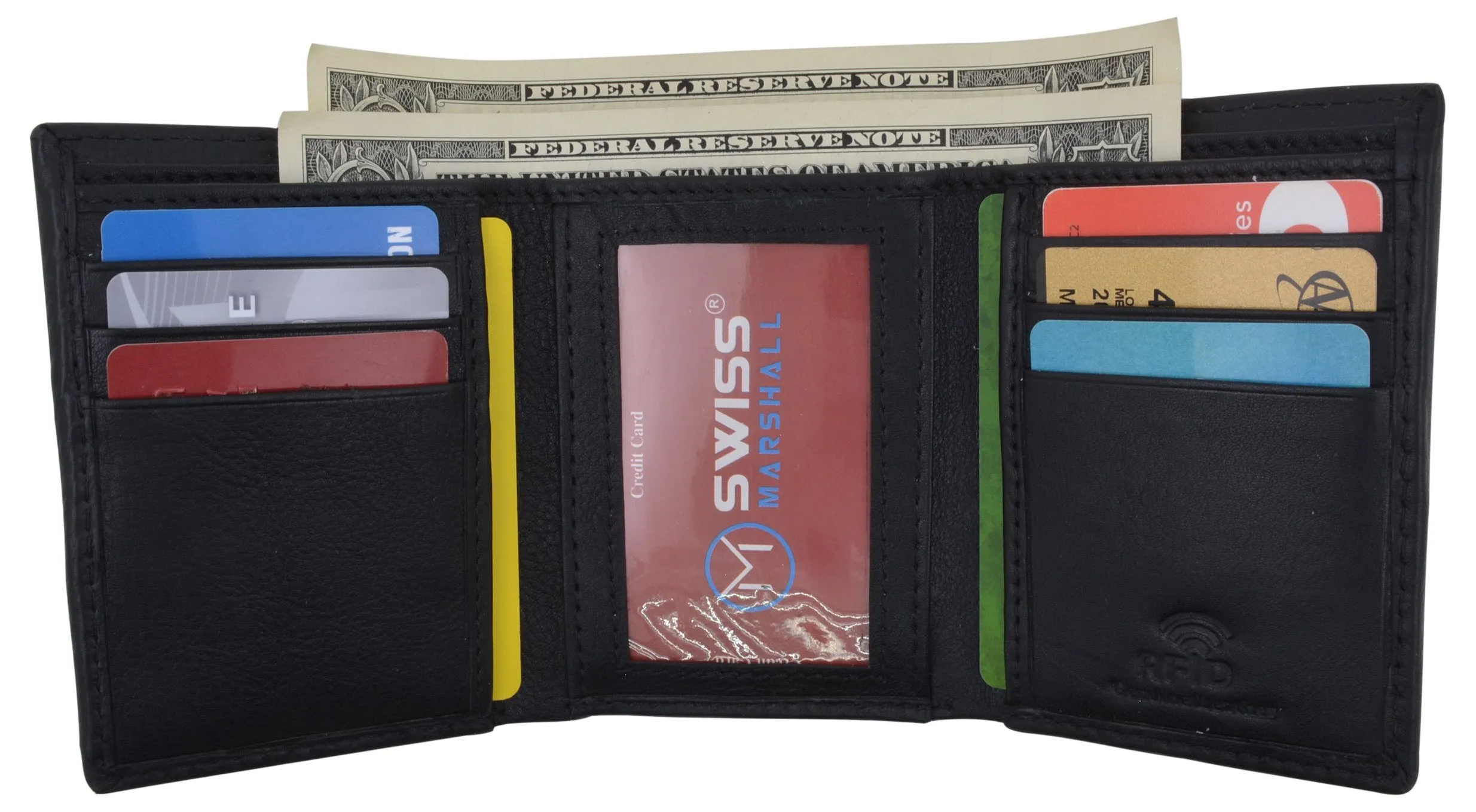 Black Mens Leather RFID Trifold Card ID Wallet W/ Removable Card Holder & Gift Box RFID521955