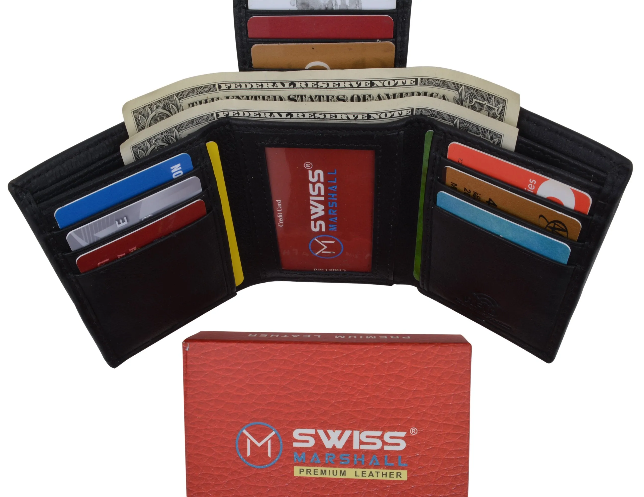 Black Mens Leather RFID Trifold Card ID Wallet W/ Removable Card Holder & Gift Box RFID521955