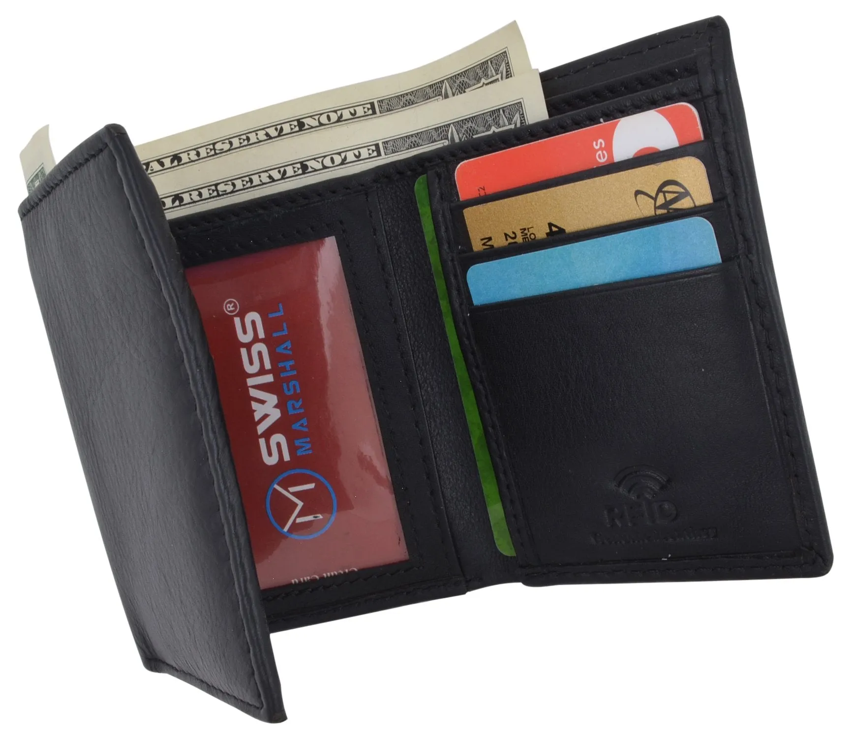 Black Mens Leather RFID Trifold Card ID Wallet W/ Removable Card Holder & Gift Box RFID521955