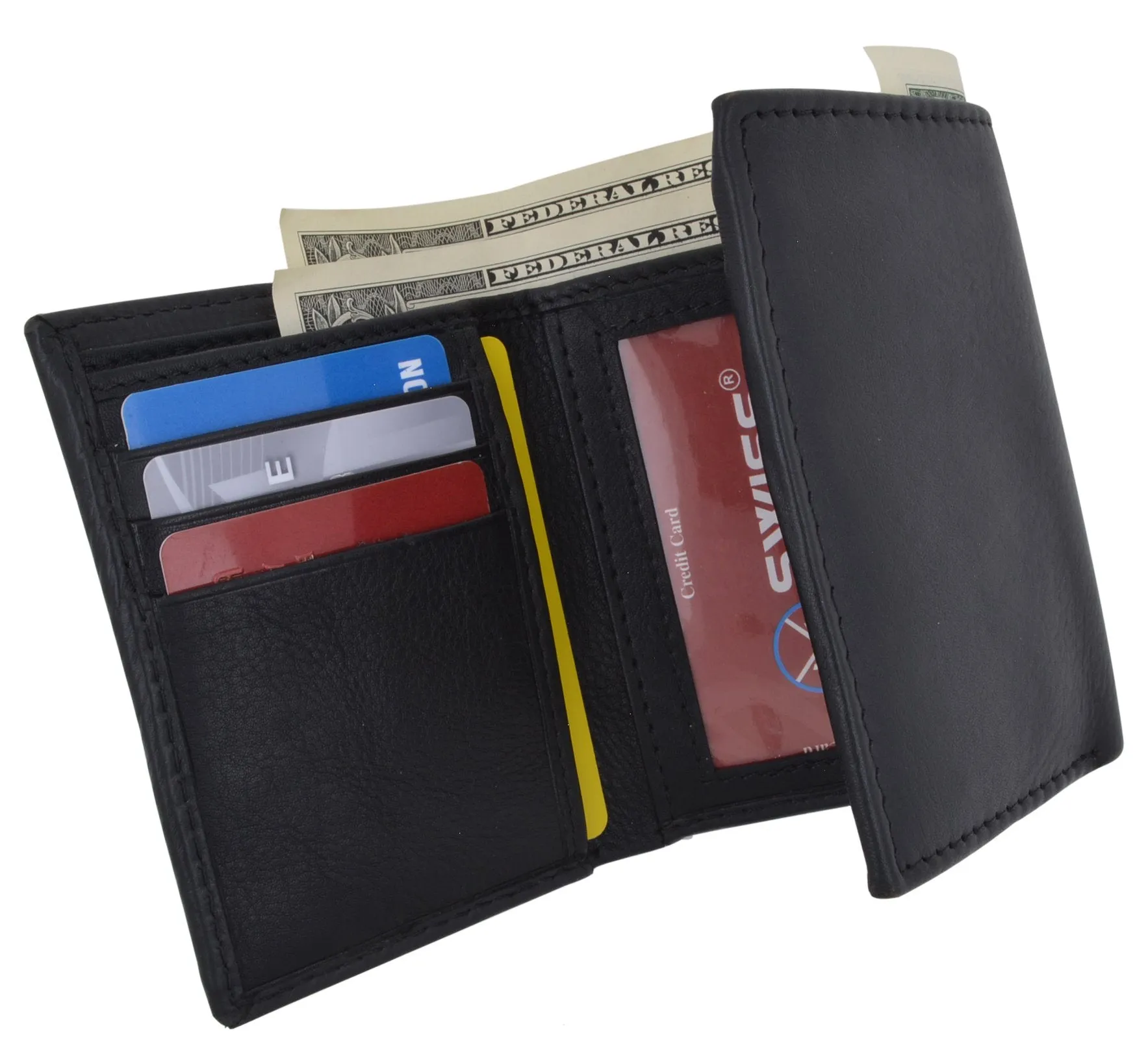 Black Mens Leather RFID Trifold Card ID Wallet W/ Removable Card Holder & Gift Box RFID521955