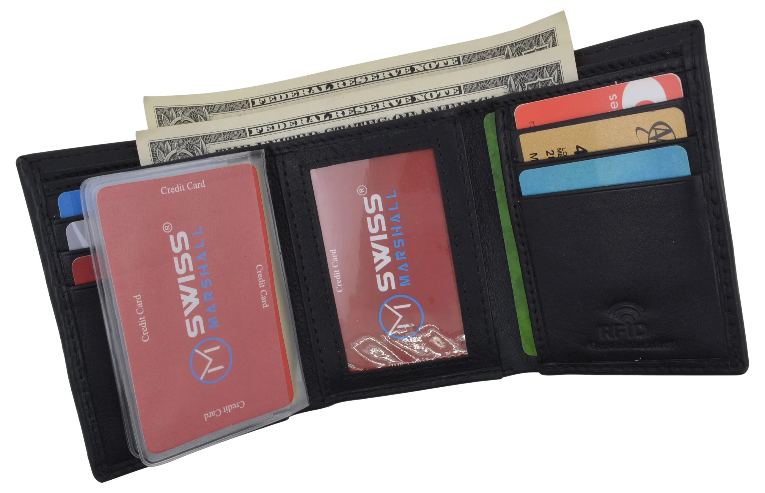 Black Mens Leather RFID Trifold Card ID Wallet W/ Removable Card Holder & Gift Box RFID521955