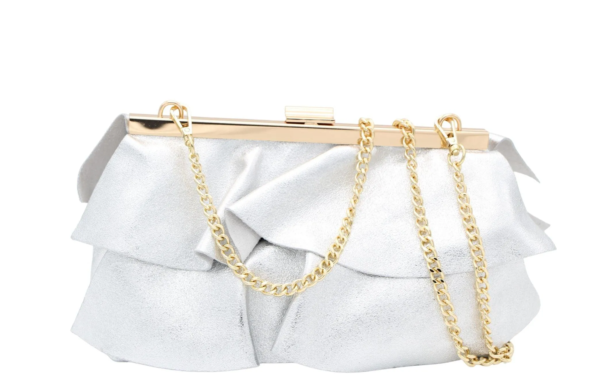 Bottega Silver Shimmer Leather Ruffled Crossbody Bag