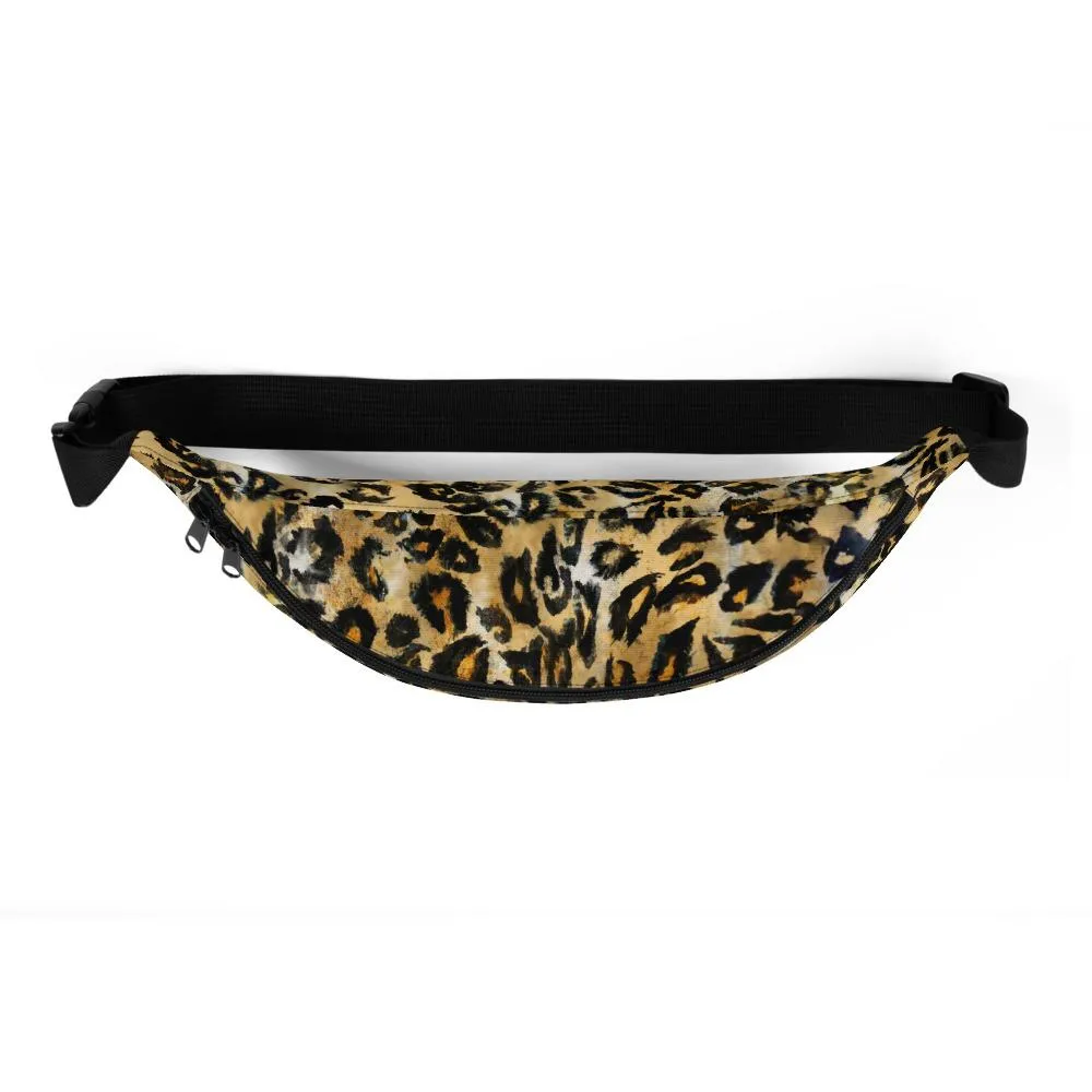 Brown Leopard Fanny Pack, Animal Print Designer Festival Belt Waist Bag- Made in USA/EU