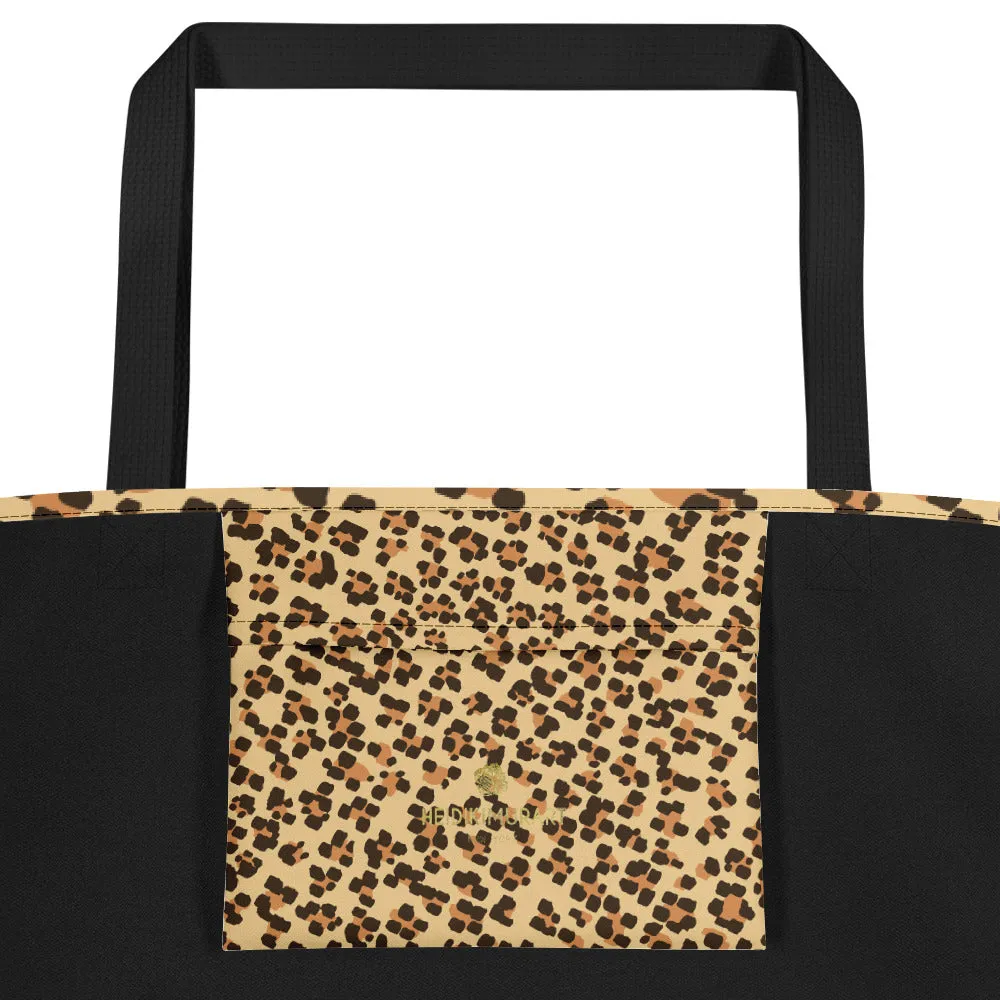 Brown Leopard Tote Bag, Beige Animal Print Designer Beach Market Tote Bag-Made in USA/EU