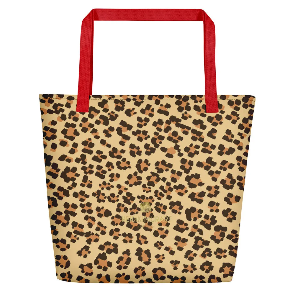 Brown Leopard Tote Bag, Beige Animal Print Designer Beach Market Tote Bag-Made in USA/EU