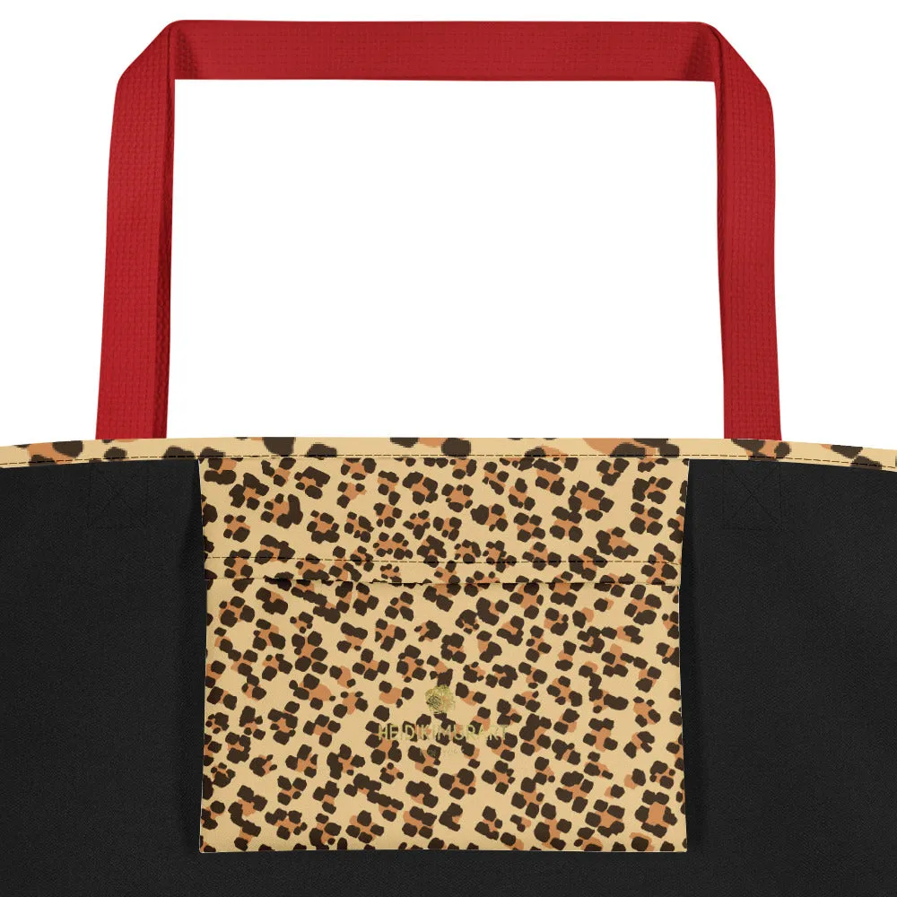 Brown Leopard Tote Bag, Beige Animal Print Designer Beach Market Tote Bag-Made in USA/EU