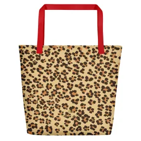 Brown Leopard Tote Bag, Beige Animal Print Designer Beach Market Tote Bag-Made in USA/EU