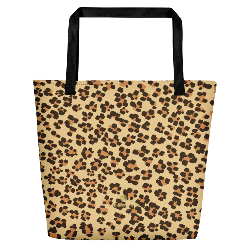 Brown Leopard Tote Bag, Beige Animal Print Designer Beach Market Tote Bag-Made in USA/EU