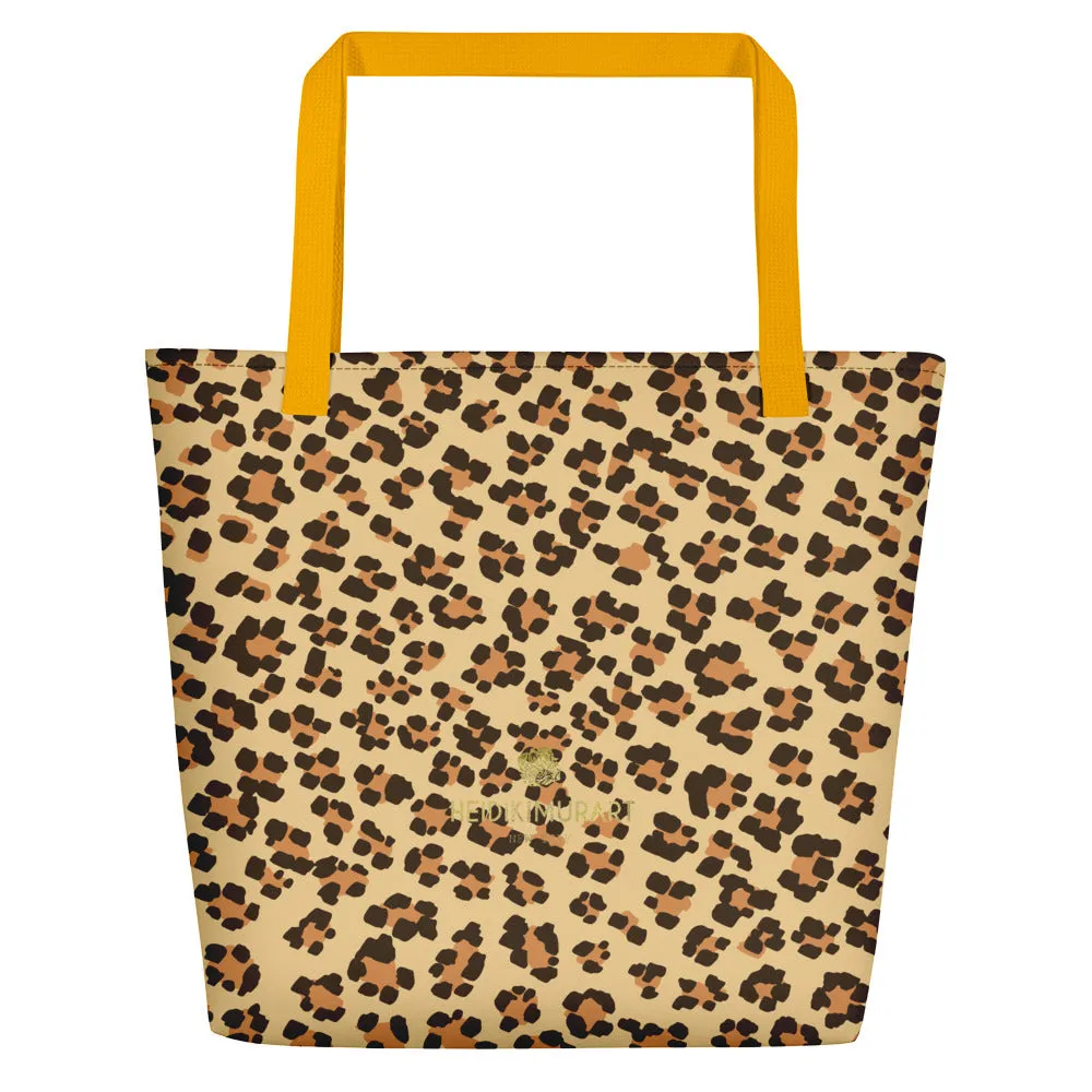 Brown Leopard Tote Bag, Beige Animal Print Designer Beach Market Tote Bag-Made in USA/EU