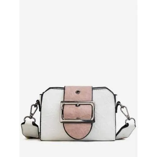 Chic Color Block PU Leather Buckled Crossbody Bag - White