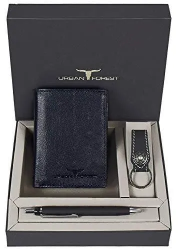 Classic Dark Blue Leather Wallet and Black Keyring Combo Gift Set for Men