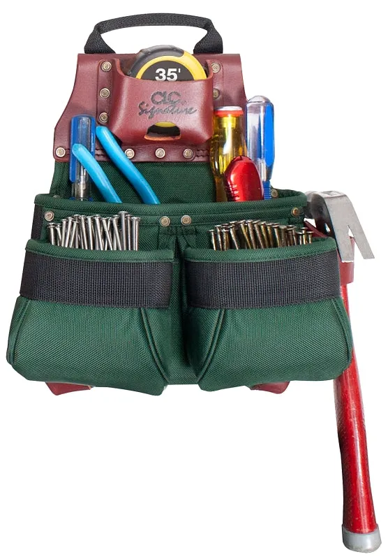 CLC Signature Elite Series 51838 Nail and Tool Bag, 11 in W, 7 in D, 13 in H, 10-Pocket, Nylon, Green :EA: QUANTITY: 1