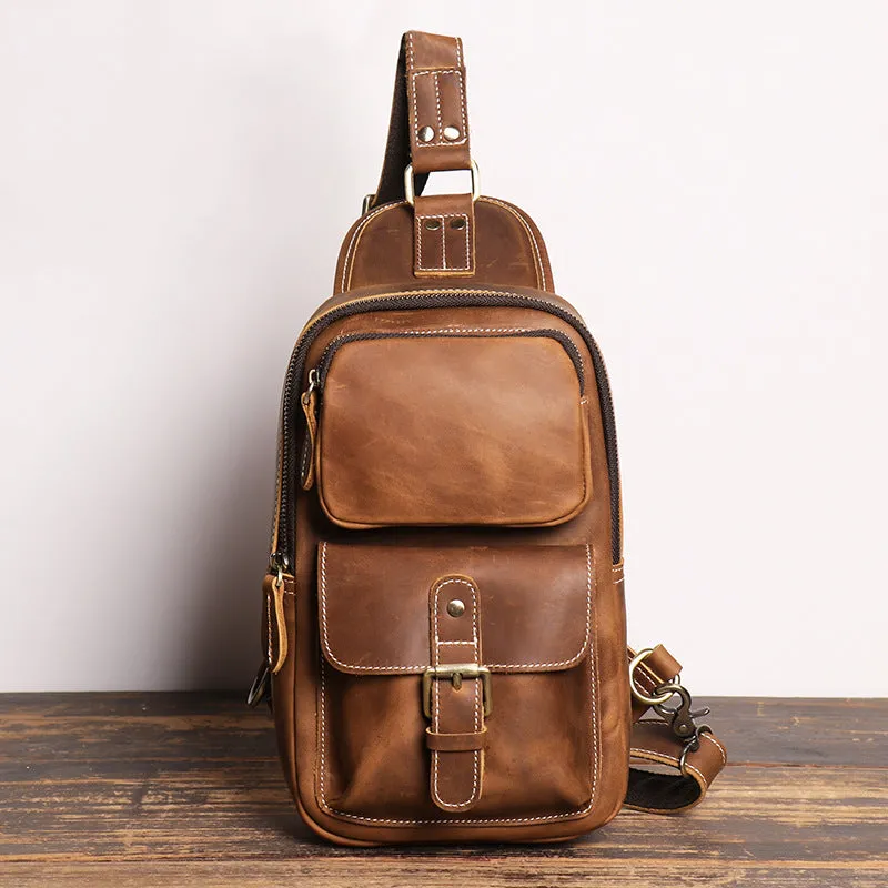 Crazy Horse Leather Sling Bag Retro Chest Bag Leisure Messenger Bag for Men