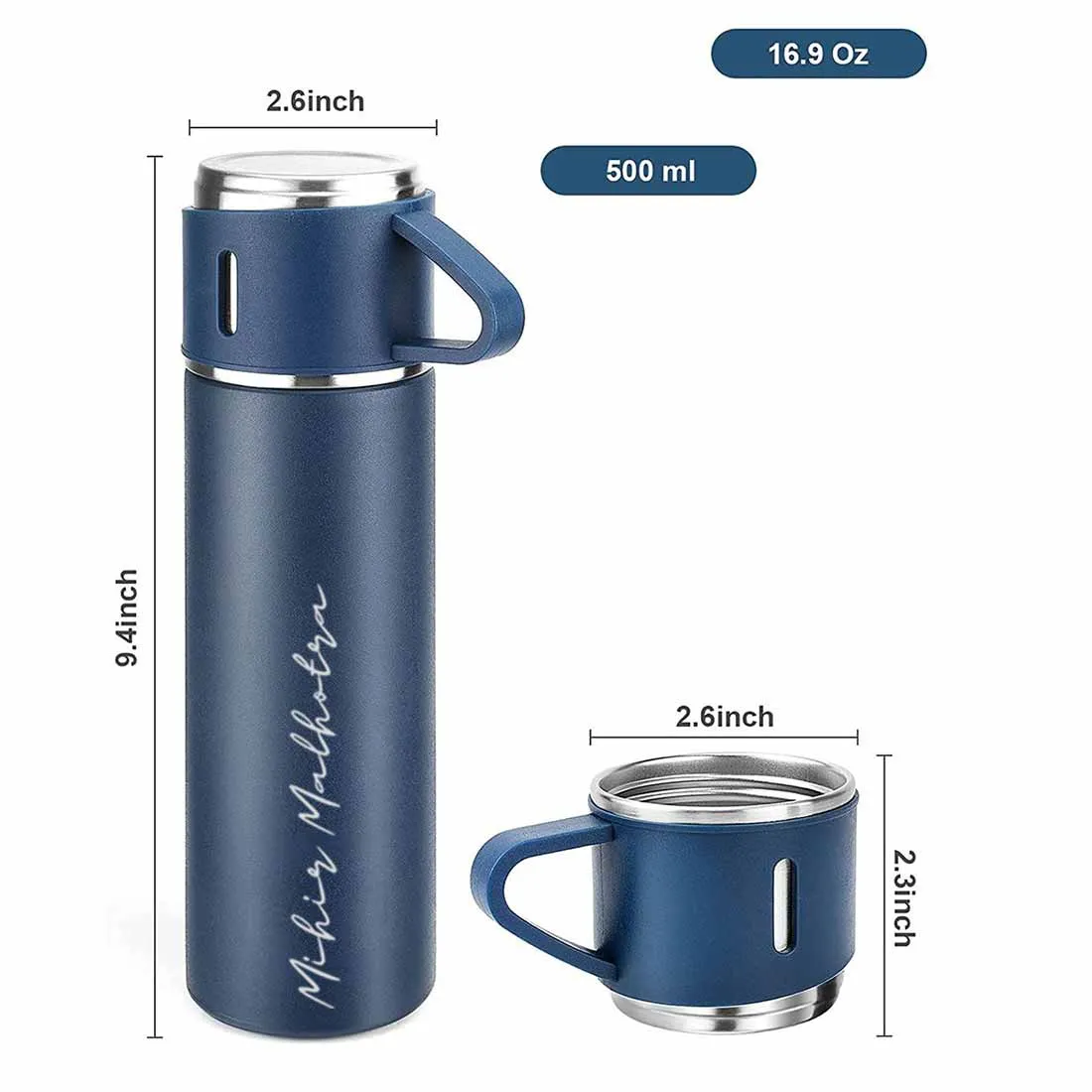 Custom Thermos With Cup Lid 3 Cups Gift Box Set for Travel Outdoor Camping - Add Name