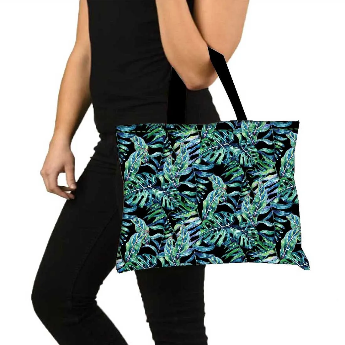 Designer Tote Bag With Zip Beach Gym Travel Bags -  Green Black Leaf