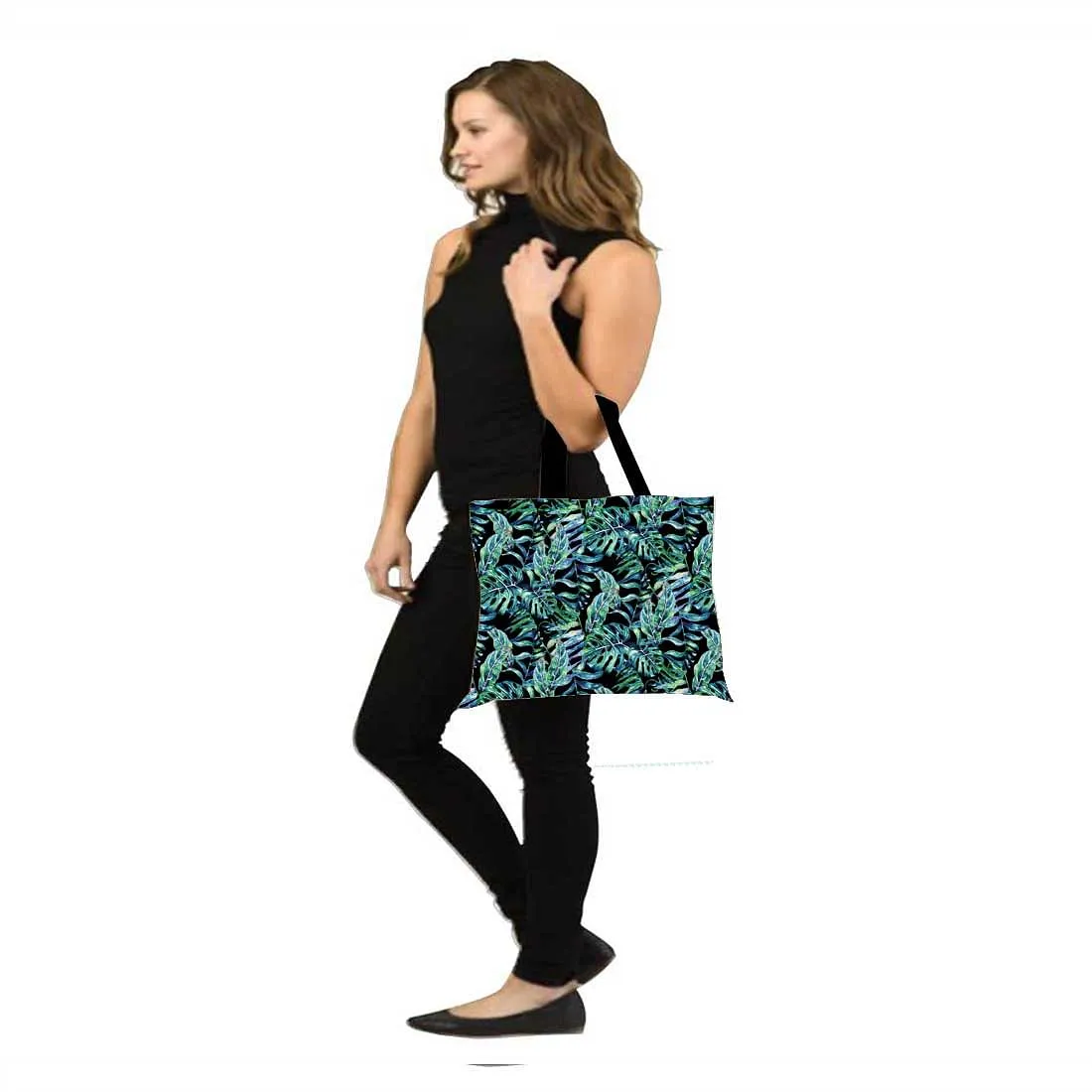 Designer Tote Bag With Zip Beach Gym Travel Bags -  Green Black Leaf