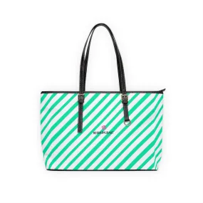 Diagonal Blue Stripes Tote Bag, Best Designer PU Leather Shoulder Hand Work Bag 17"x11"/ 16"x10"