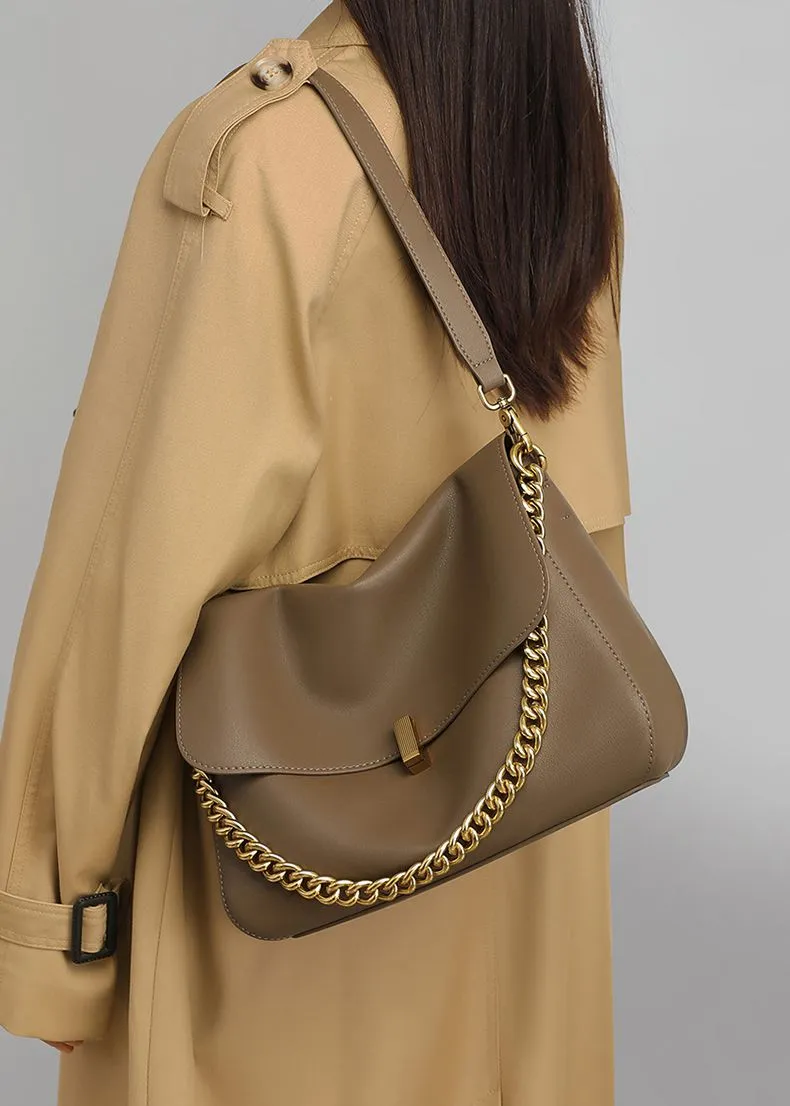 Double Strap Genuine Leather Flap Shoulder Bag