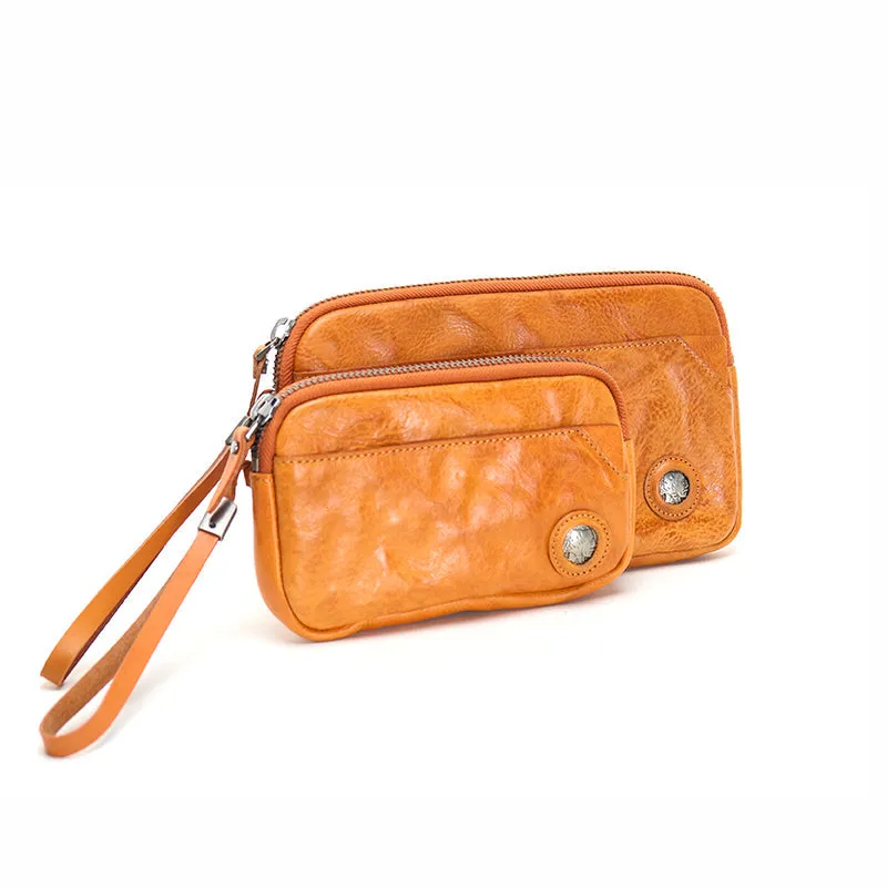 Fashionable and refined vegetable tanned leather clutch bag for women