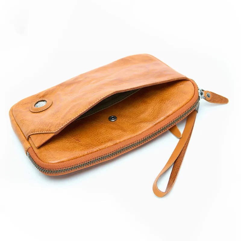 Fashionable and refined vegetable tanned leather clutch bag for women