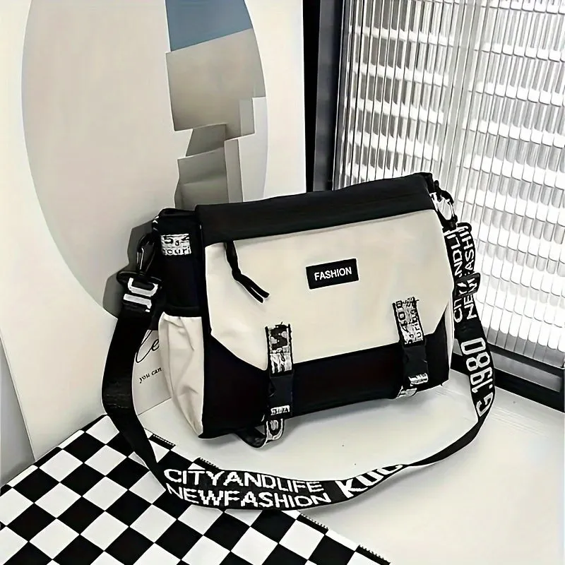 Fashionable Graphic Crossbody Bag with Adjustable Strap - Zipper Closure, Polyester Lining, Foldable Design - Preppy Urban Style Messenger Bag for School and Daily Use