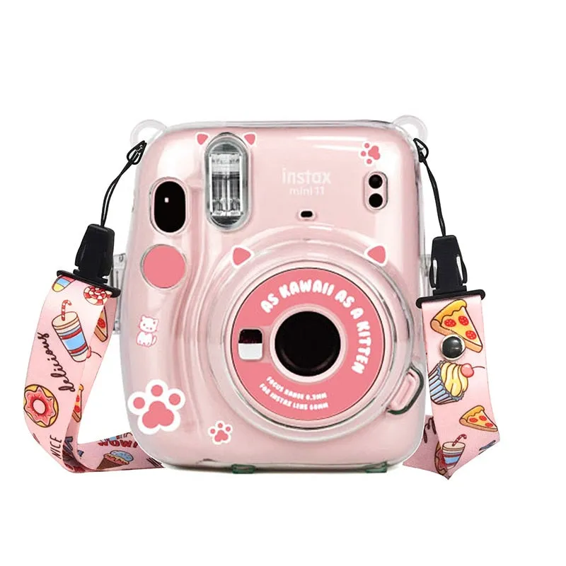 For Polaroid Instax Mini11 Crystal Transparent Protective Case Photo Storage Bag Shell Crystal Shell Strap Rope Sticker