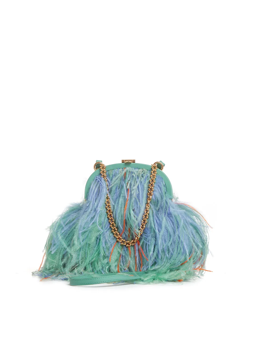 Frame Green Feathered Crossbody with Gold Chain