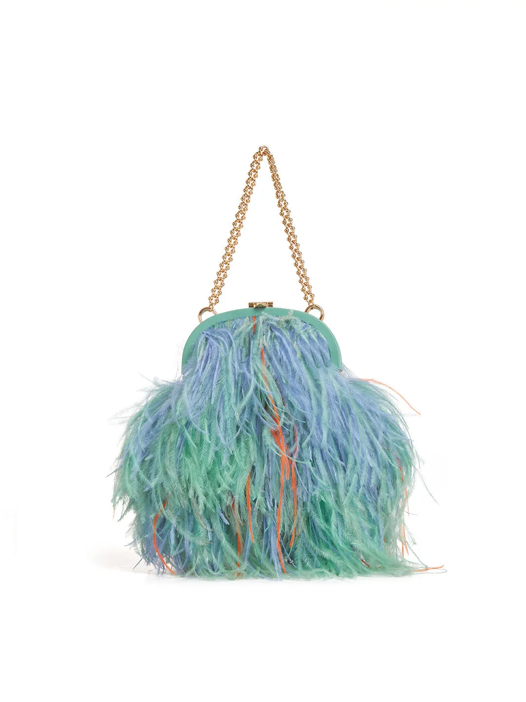 Frame Green Feathered Crossbody with Gold Chain