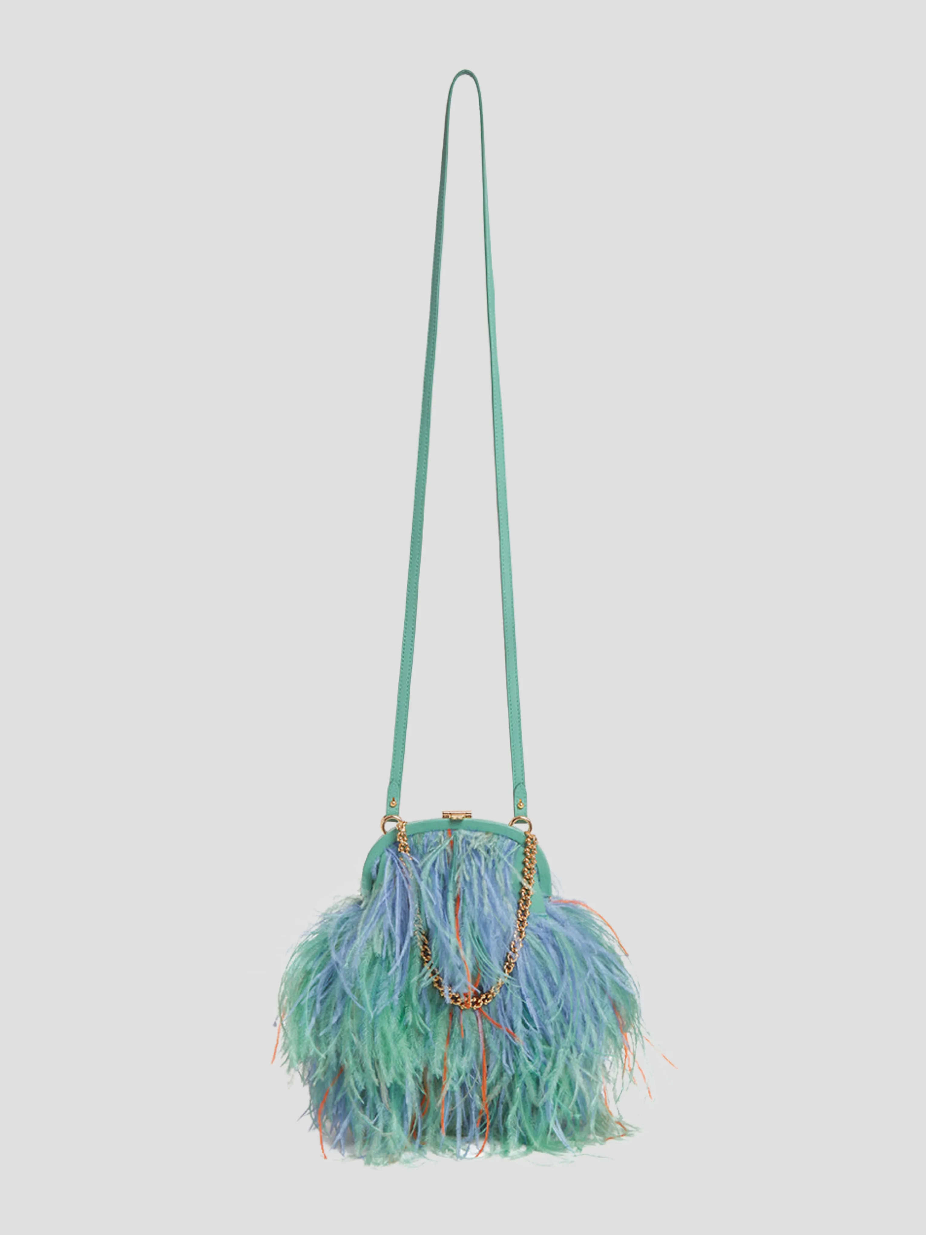 Frame Green Feathered Crossbody with Gold Chain