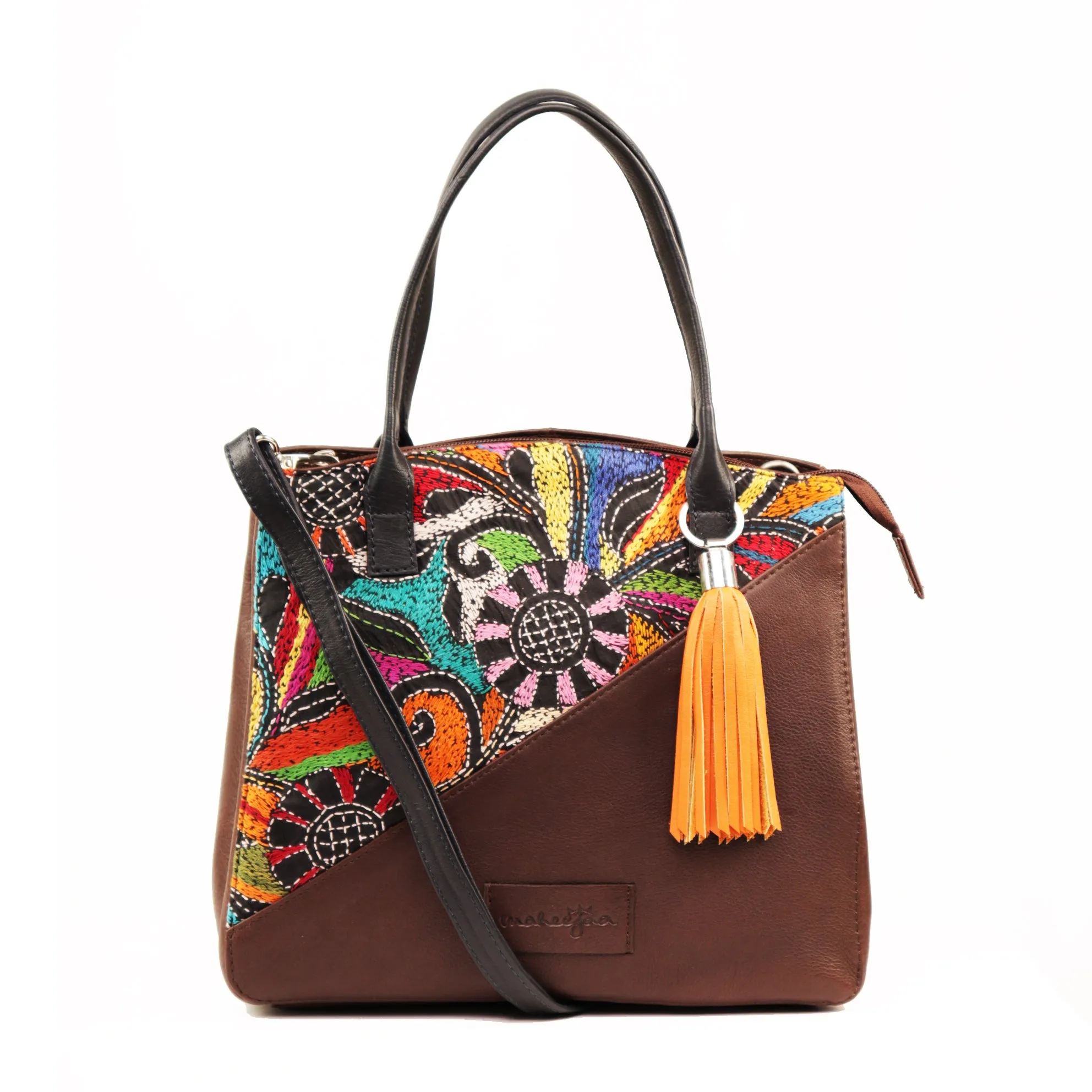 Genuine Leather-Kantha Handcrafted Tote Bag Women (Chocolate Brown)