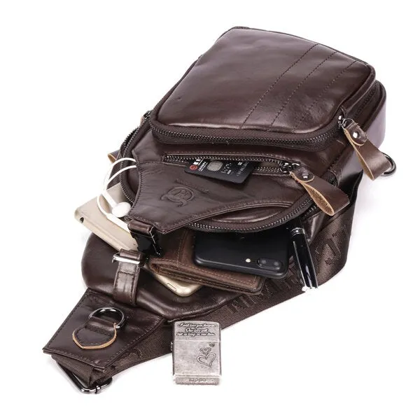 Genuine Leather Retro Chest Bag Outdoor Leisure Daypack Crossbody for Men