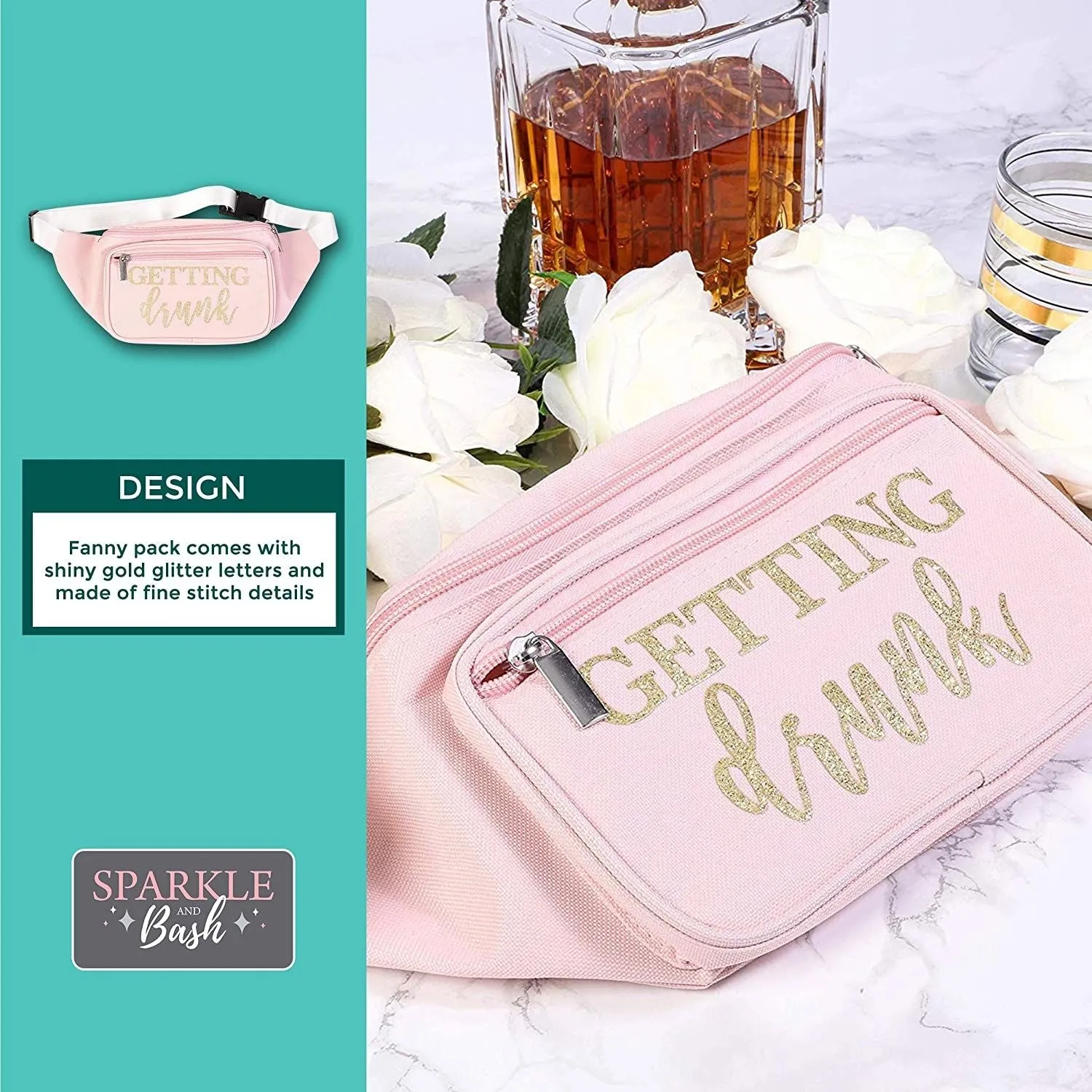 Getting Drunk Bridesmaid Fanny Pack for Bridal Showers (Pink with Gold Glitter)