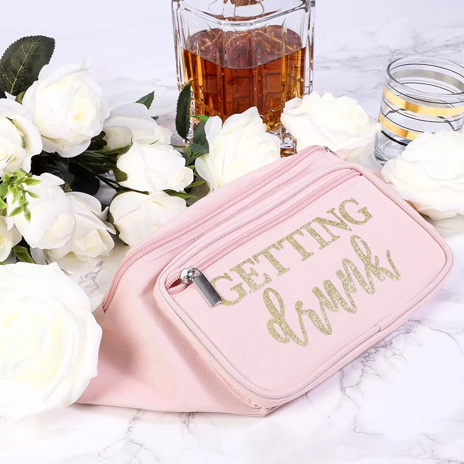 Getting Drunk Bridesmaid Fanny Pack for Bridal Showers (Pink with Gold Glitter)